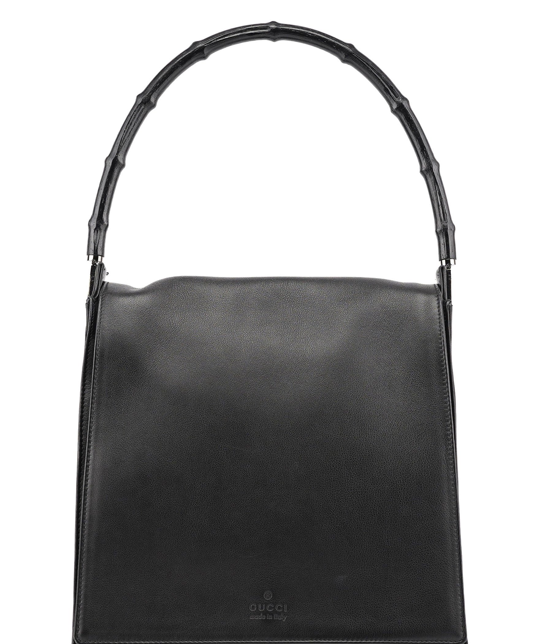 Gucci 001 3243 Black Calfskin Bamboo Flap Shoulder Bag