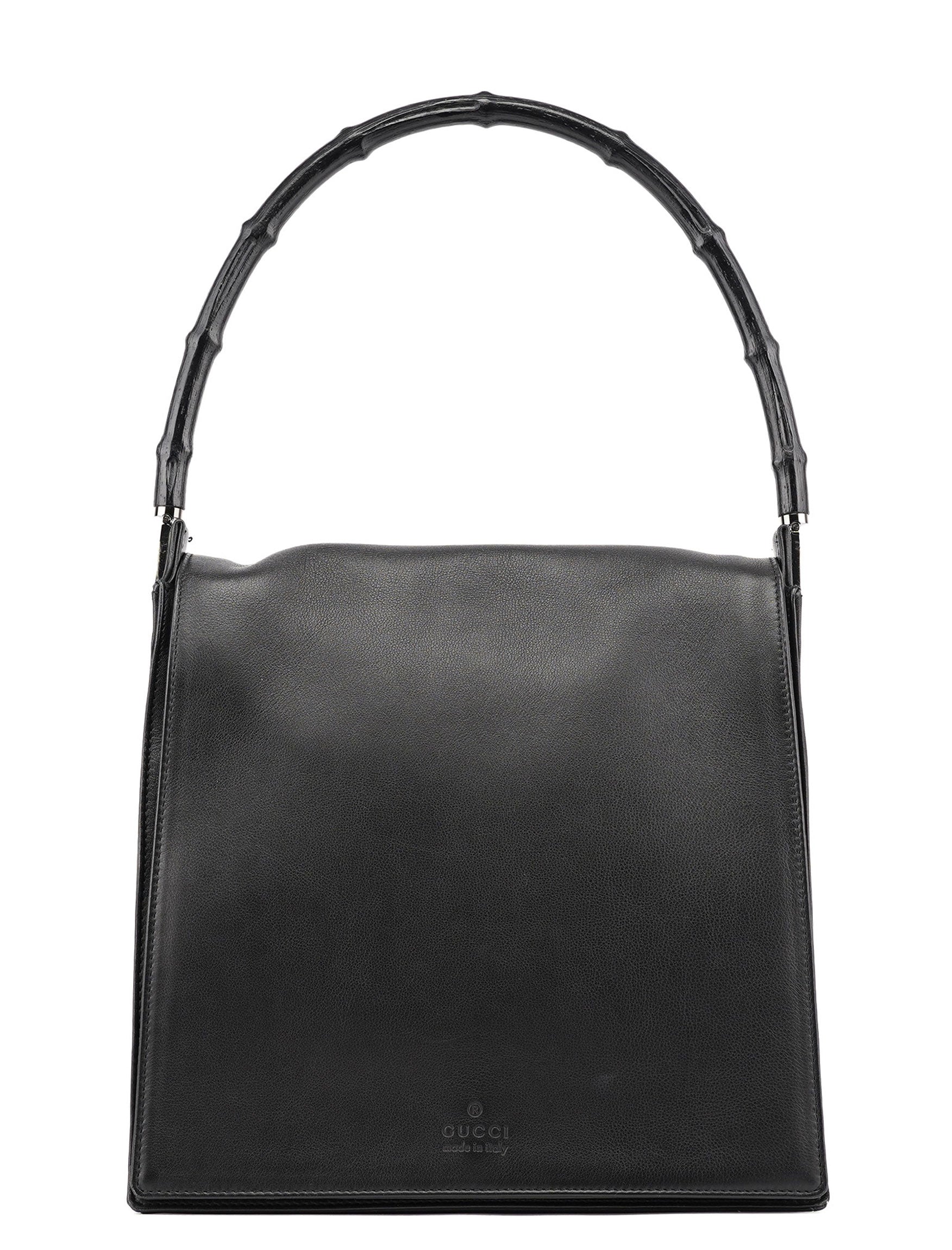 Gucci 001 3243 Black Calfskin Bamboo Flap Shoulder Bag