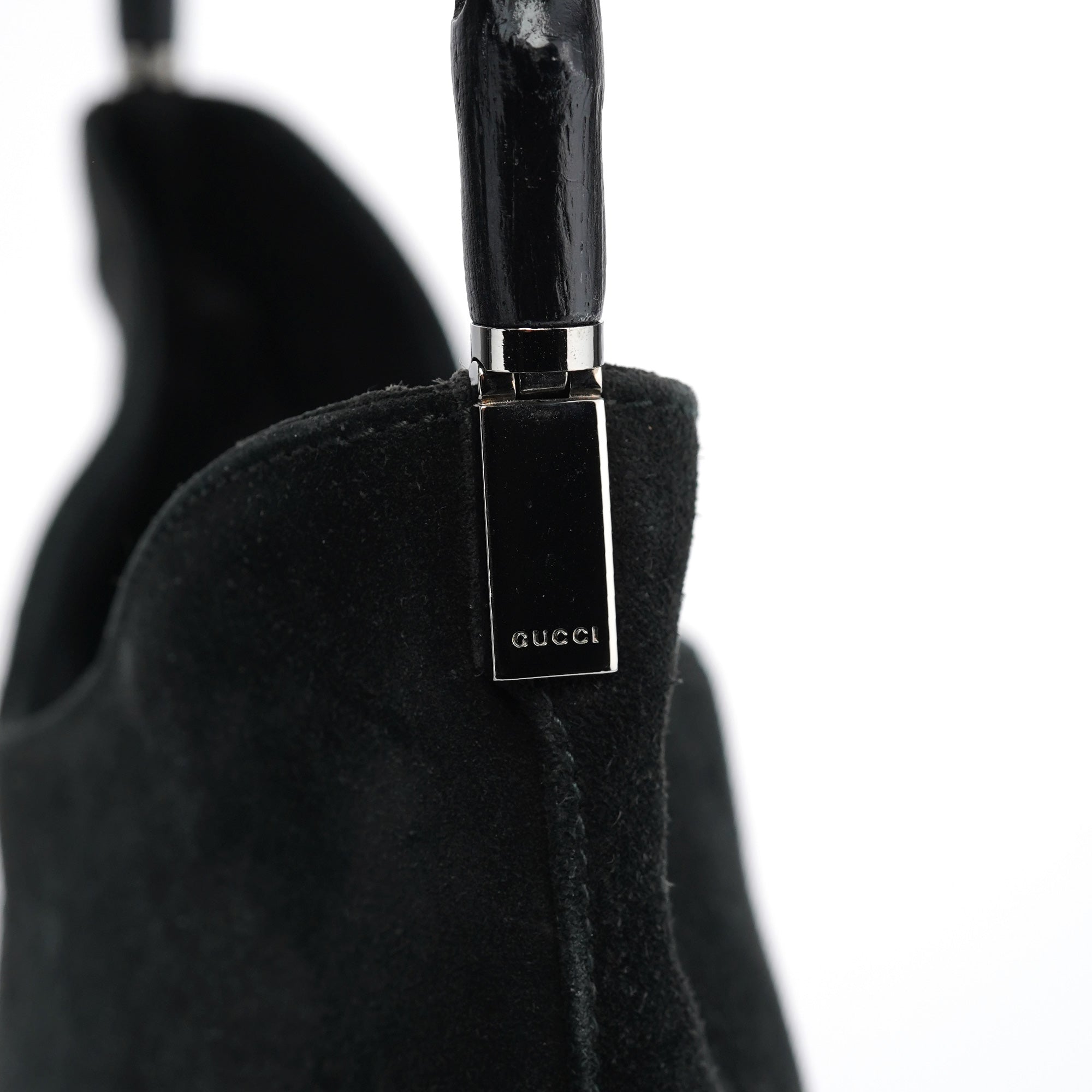 Gucci 001 3244 Black Suede Bamboo Shoulder Bag