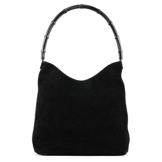 Gucci 001 3244 Black Suede Bamboo Shoulder Bag