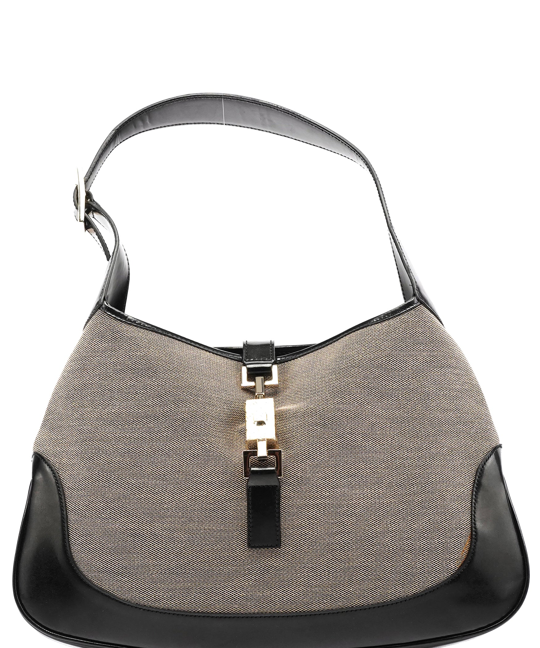 Gucci 001 3306 Beige Black Canvas Jackie Shoulder Bag