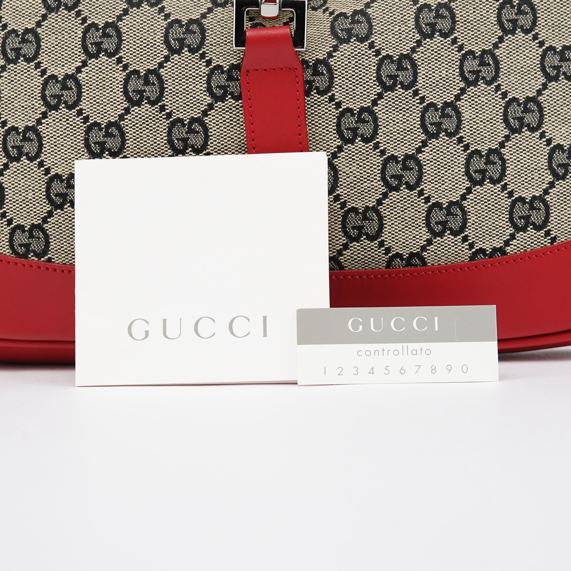 Gucci 001 3306 Borsa a spalla Jackie in tela GG beige e rossa