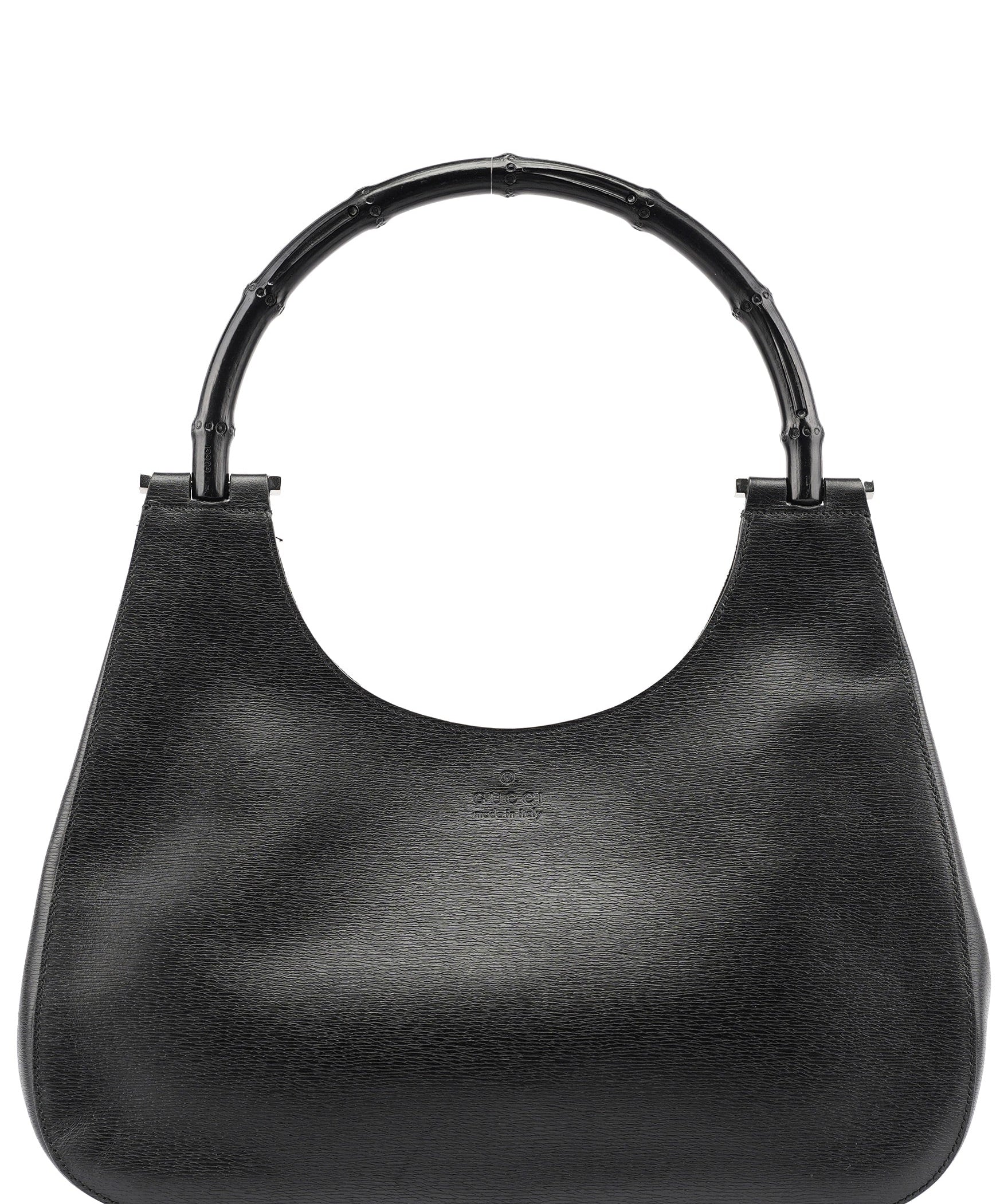 Gucci 001 3739 Black Leather Bamboo Shoulder Bag