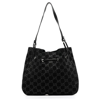Gucci 001 3743 Black GG Suede Drawstring Shoulder Bag