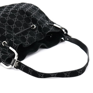 Gucci 001 3743 Black GG Suede Drawstring Shoulder Bag