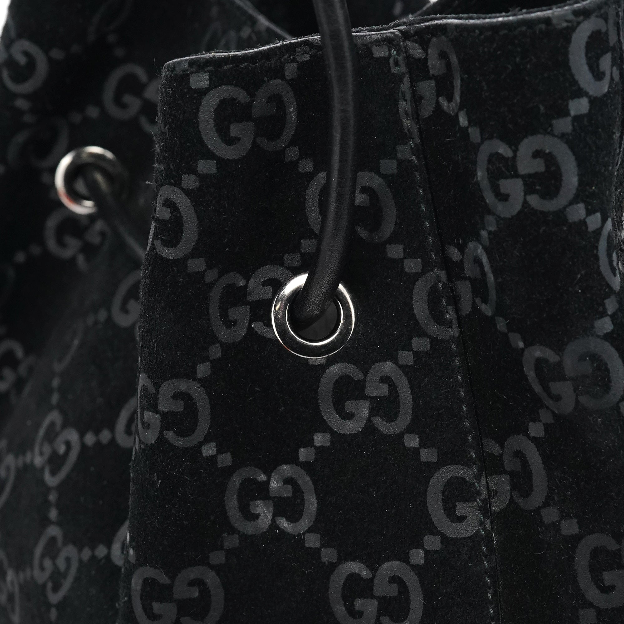 Gucci 001 3743 Black GG Suede Drawstring Shoulder Bag