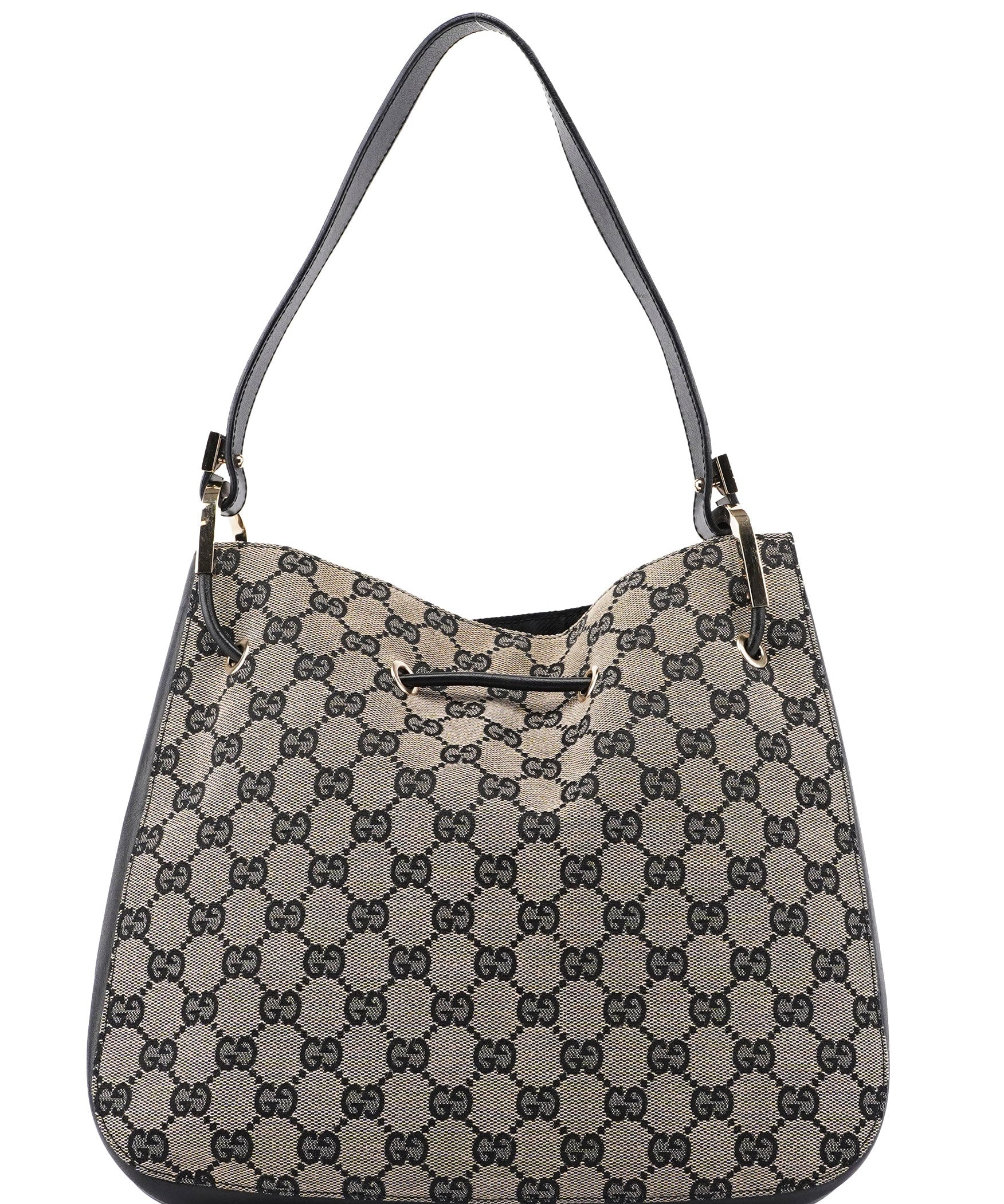 Gucci 001 3748 Beige Black GG Drawstring Shoulder Bag
