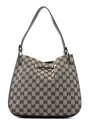 Gucci 001 3748 Beige Black GG Drawstring Shoulder Bag