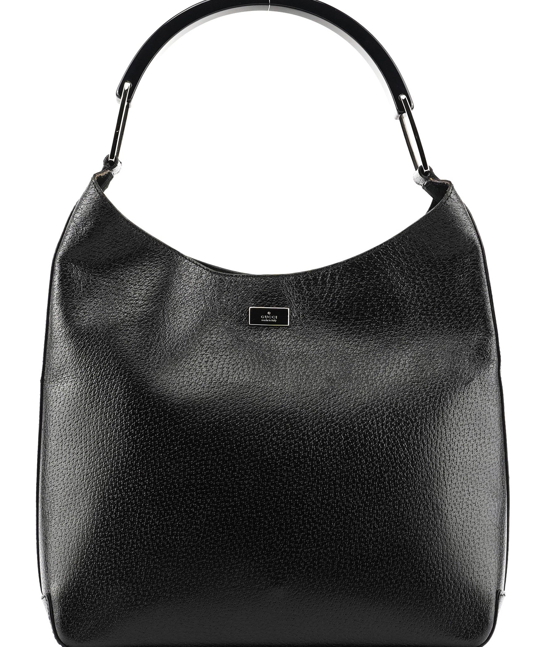 Gucci 001 3752 Black Pebbled Leather Plastic Handle Bag