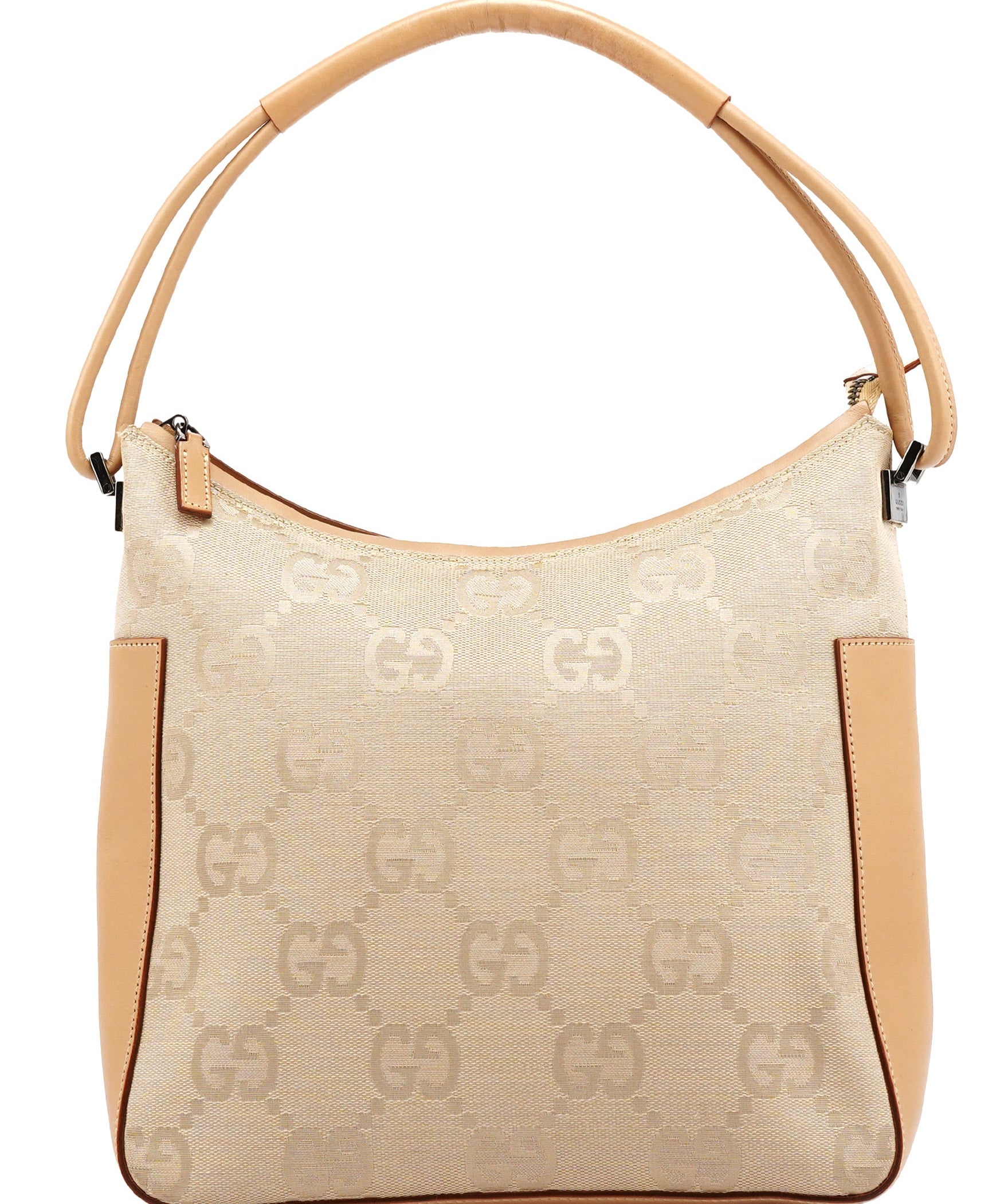 Gucci 001 3766 skuldertaske i beige GG canvas og cognacfarvet læder
