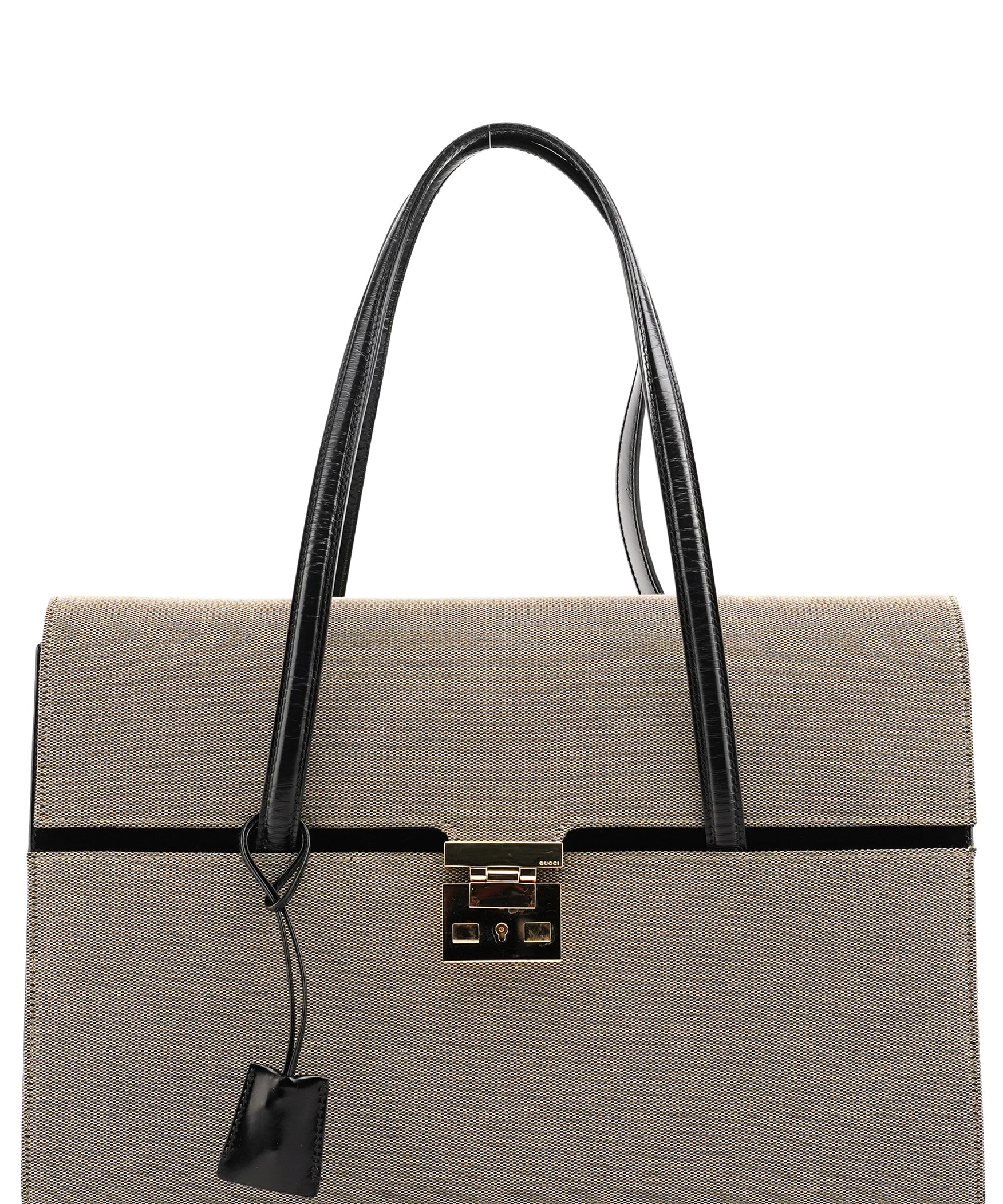 Gucci 001 4213 Beige Black Canvas Lady Lock Tote Bag