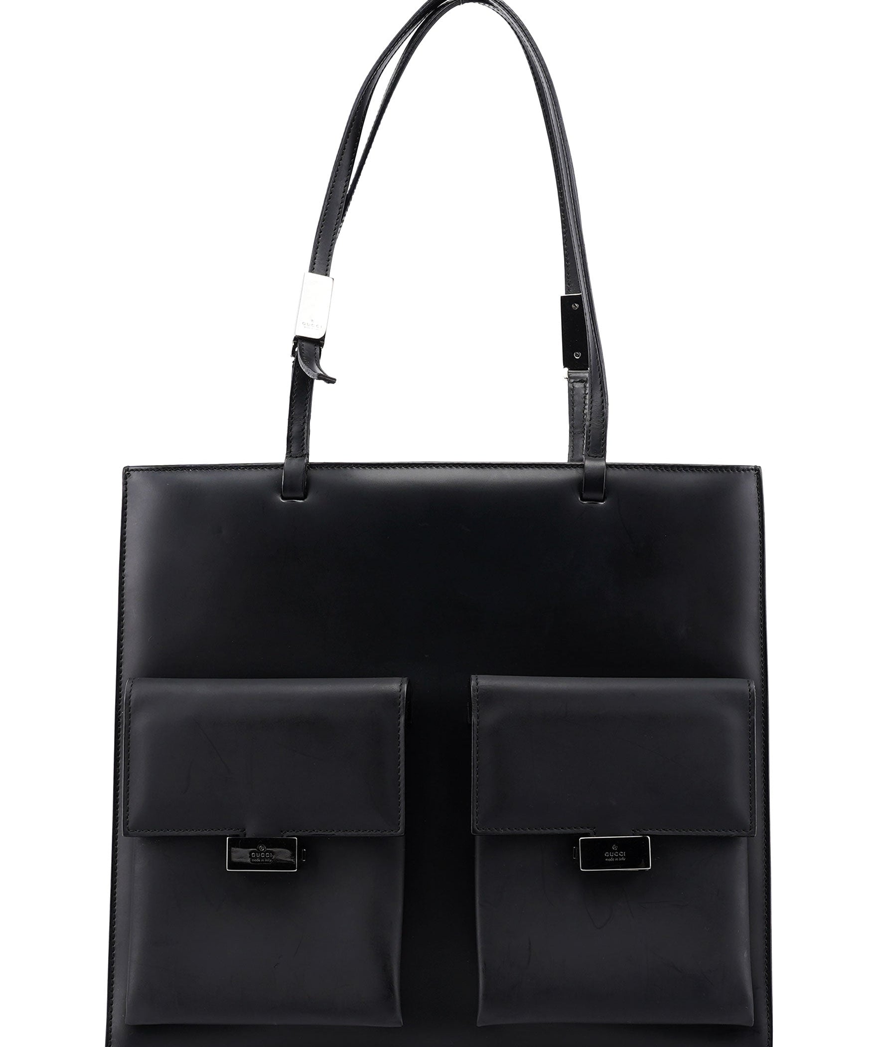 Gucci 002 1021 Matte Black Leather Dual Pocket Tote Bag