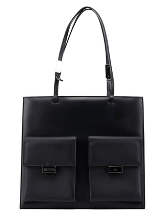 Gucci 002 1021 Matte Black Leather Dual Pocket Tote Bag