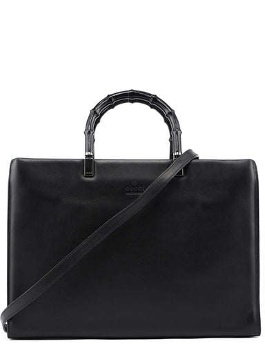 Gucci 002 1033 Black Leather Bamboo 2-Way Tote Bag