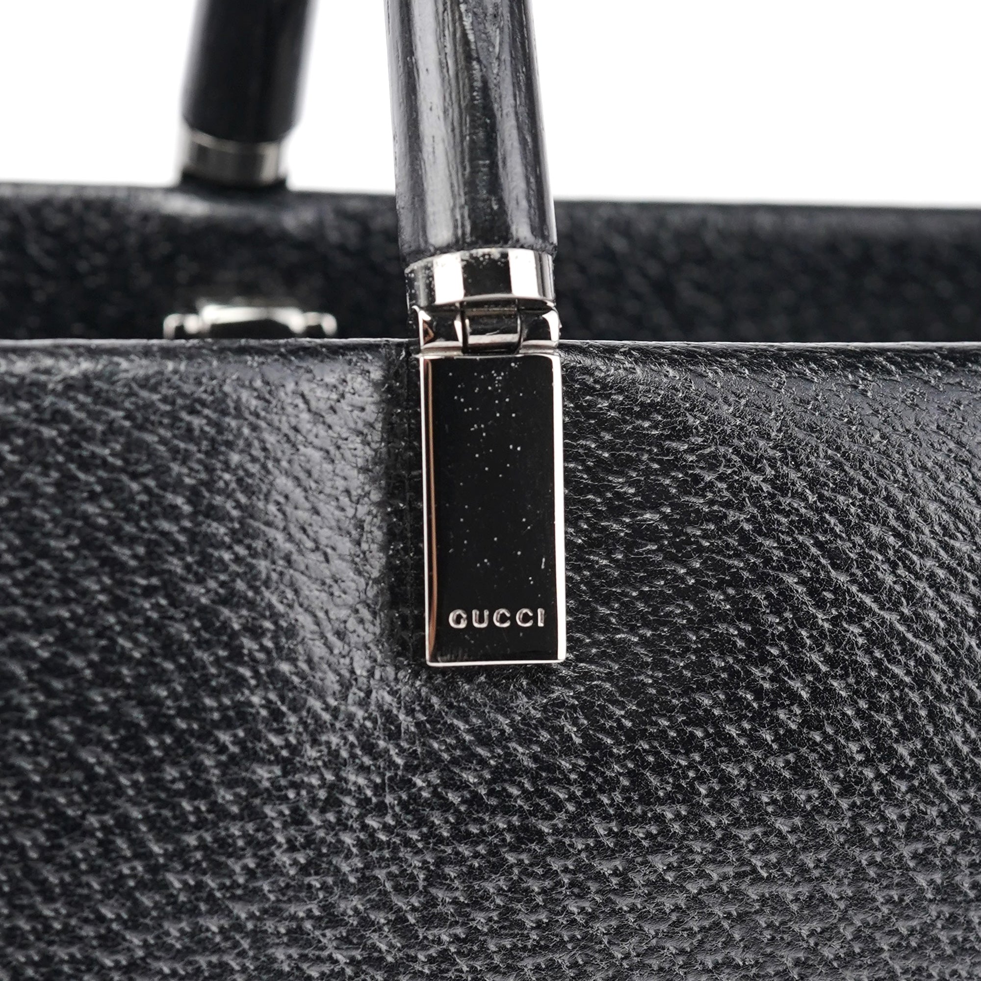 Gucci 002 1034 Black Leather Bamboo Tote Bag