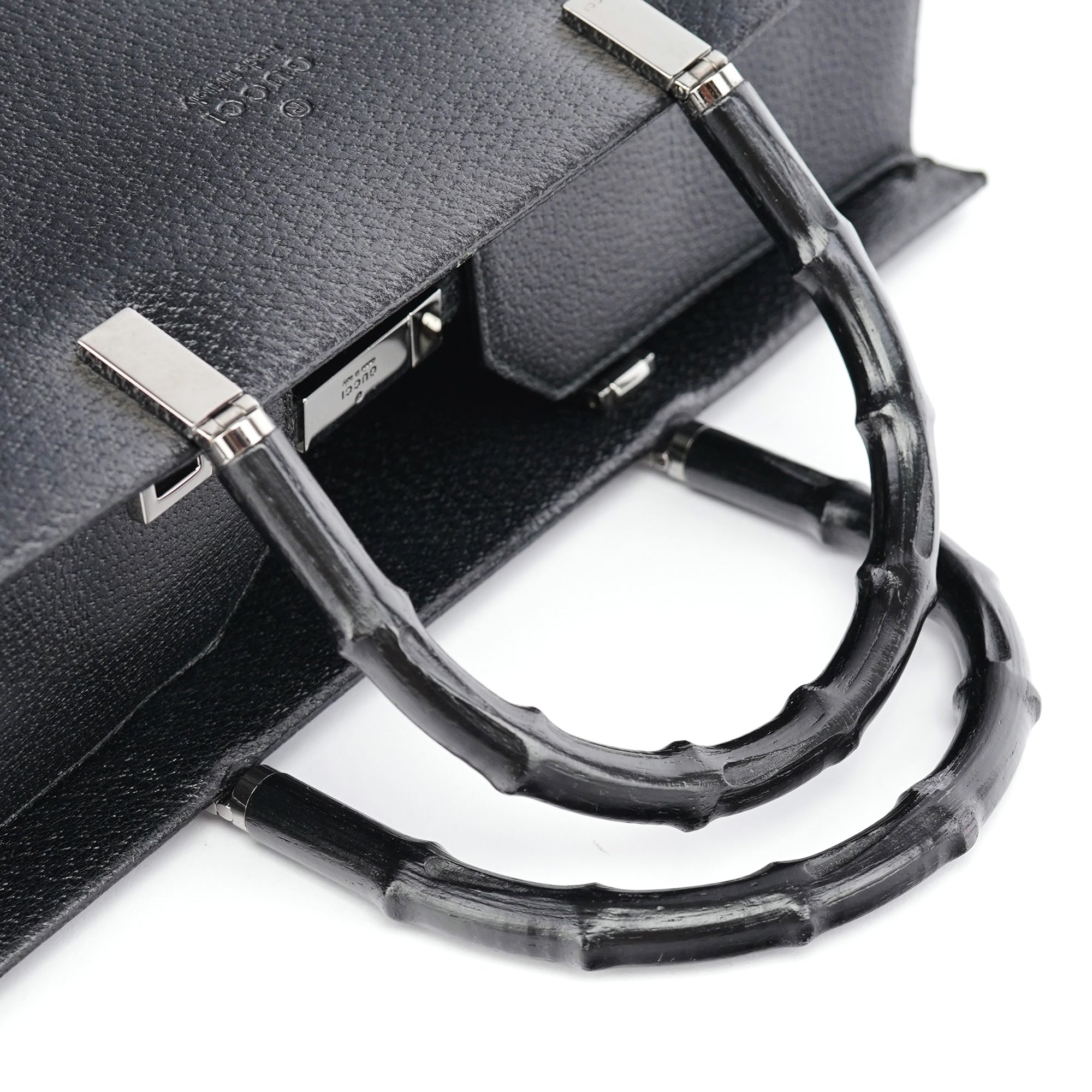 Gucci 002 1034 Black Leather Bamboo Tote Bag