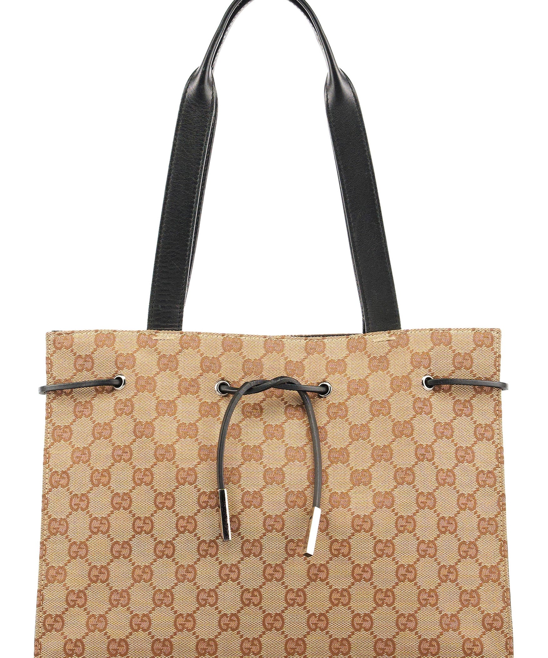 Gucci 002 1053 Borsa tote con coulisse in tela GG beige e pelle