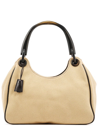 Gucci 106495 Beige Canvas Wood Handle Shoulder Bag