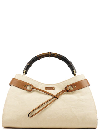 Gucci 109136 Beige Canvas Bamboo Top Handle Bag