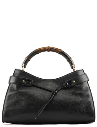 Gucci 109136 Black Leather Bamboo Top Handle Bag