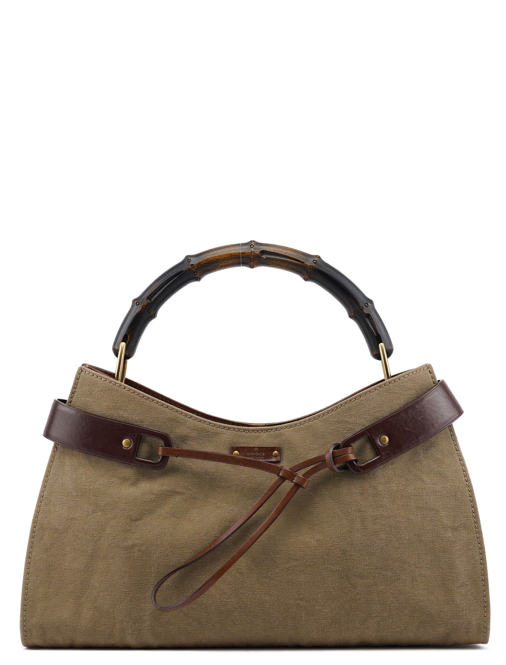 Gucci 109136 Khaki Canvas Bamboo Top Handle Bag