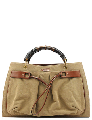 Gucci 109138 Beige Canvas Bamboo Tote Bag