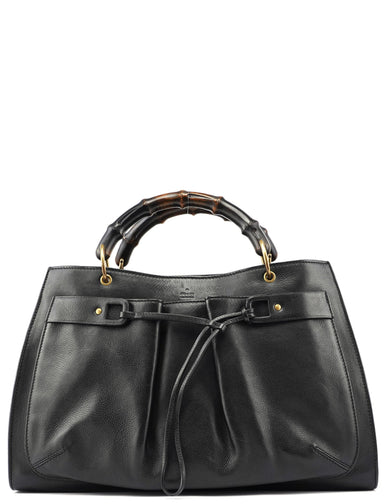 Gucci 109138 Black Calfskin Bamboo Dual Handle Bag