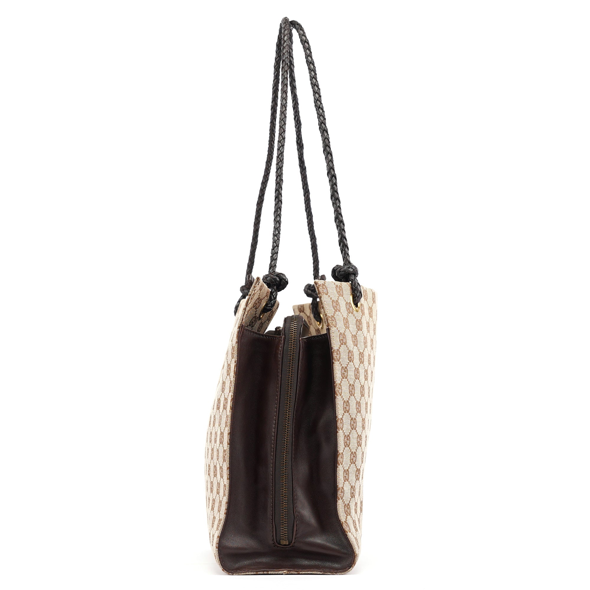 Gucci 109140 Beige GG Leather Woven Handle Tote Bag