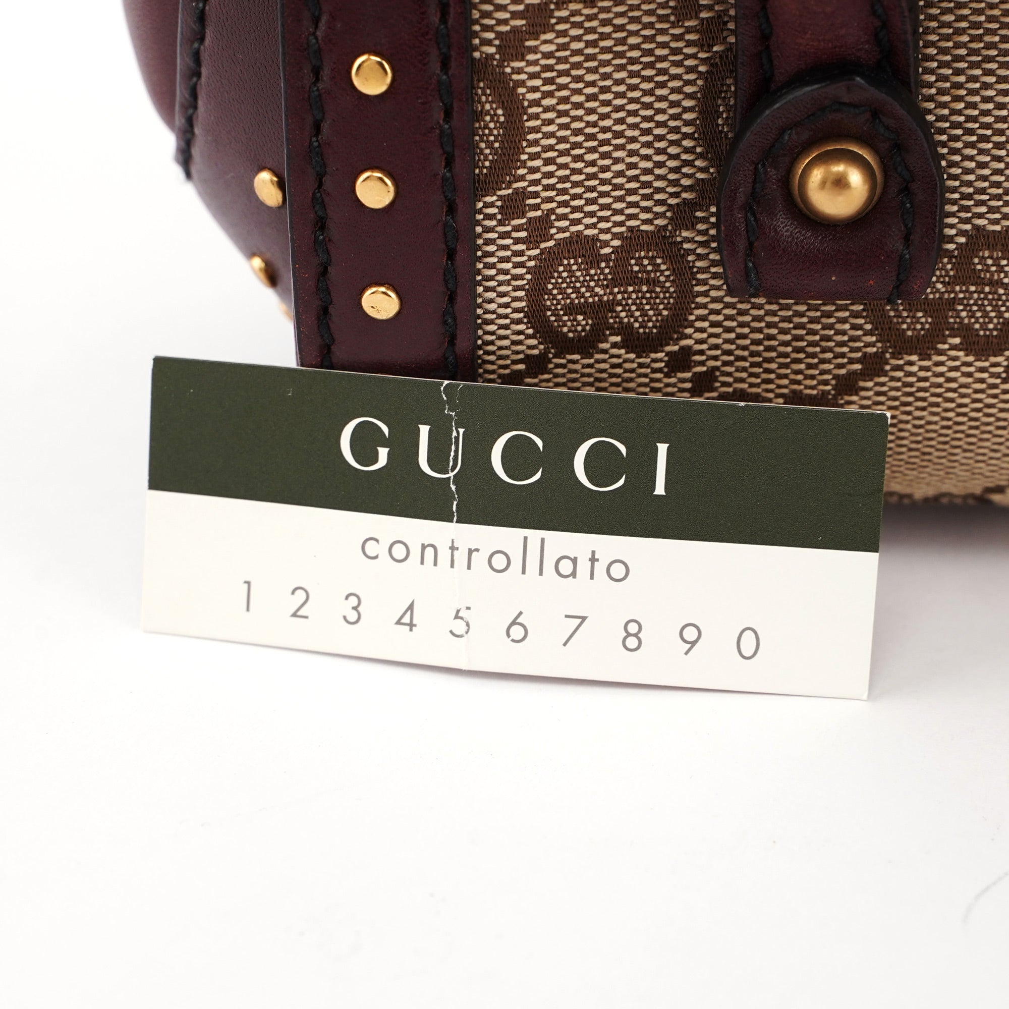 Gucci 114994 Beige GG Burgundy Leather Studded Bag