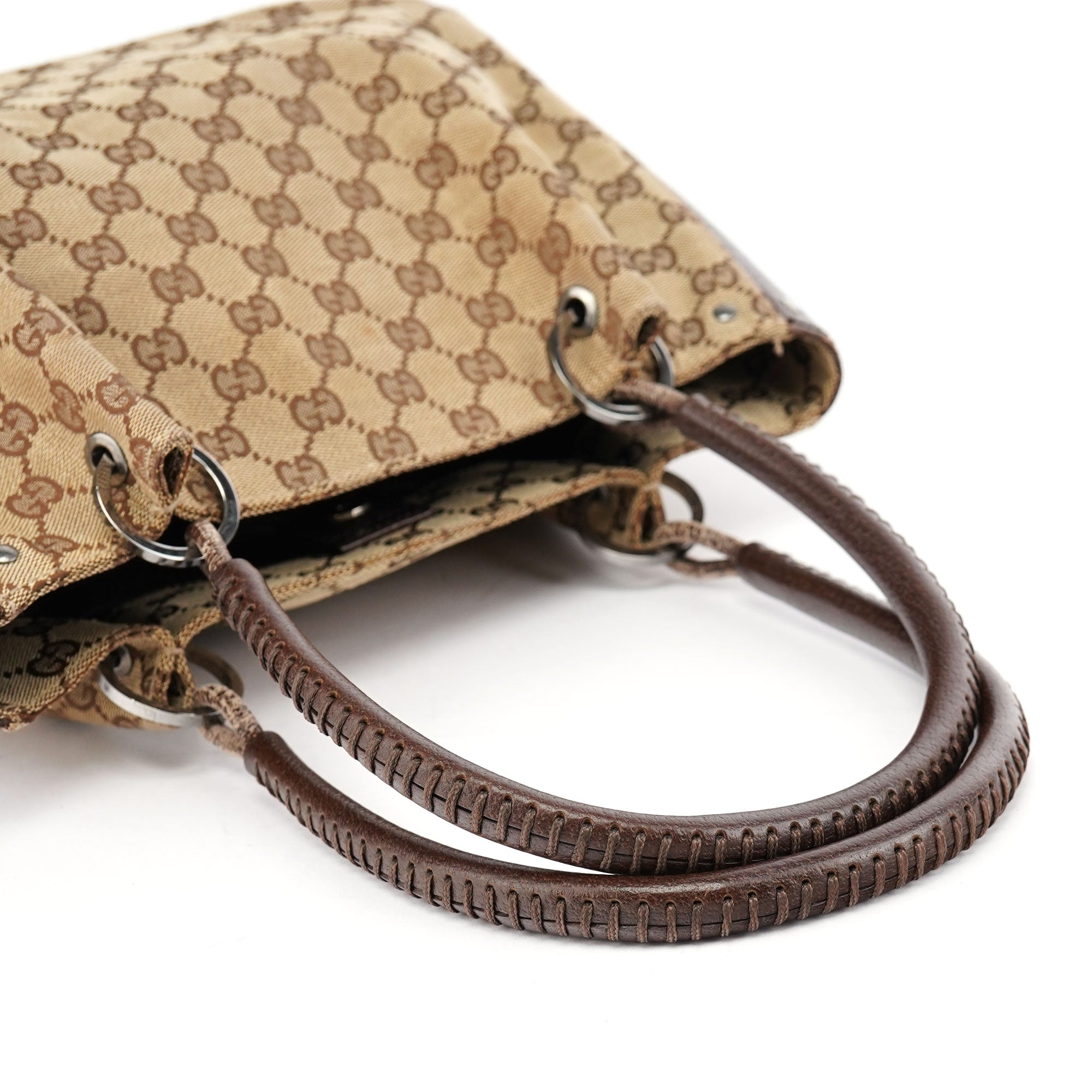 Gucci 115007 Tote Bag aus beigem GG Canvas mit Lederbesatz