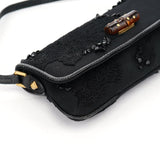 Gucci 123247 Black Canvas Lizard Bamboo Shoulder Bag