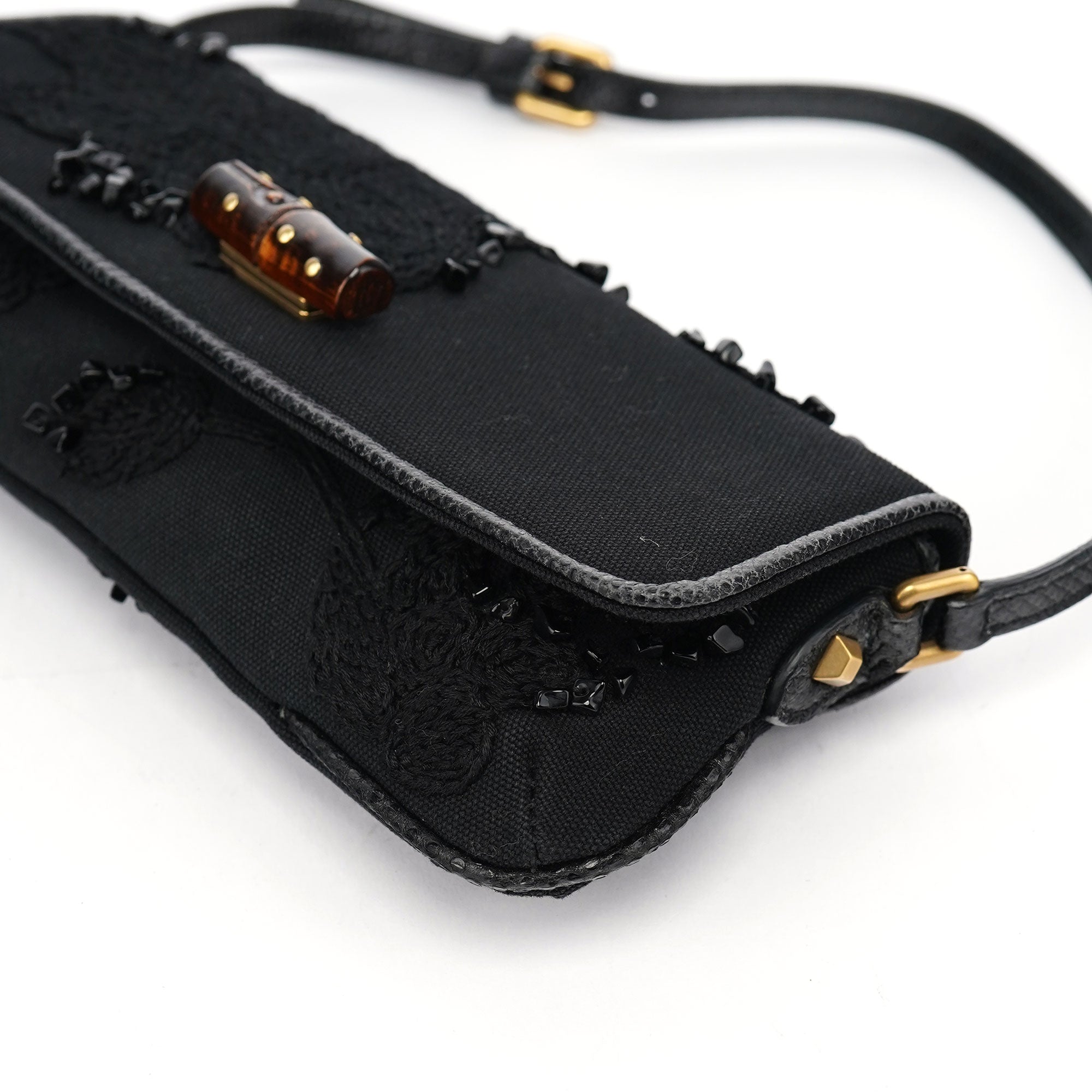 Gucci 123247 Black Canvas Lizard Bamboo Shoulder Bag