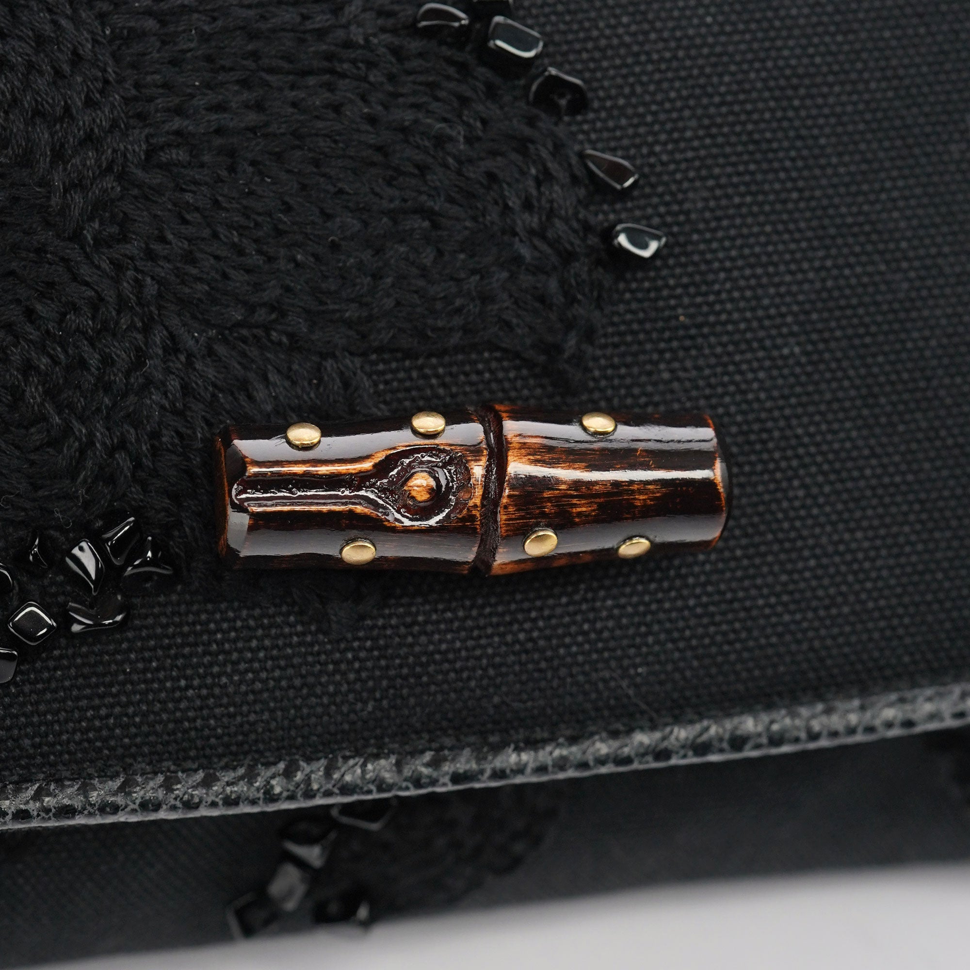Gucci 123247 Black Canvas Lizard Bamboo Shoulder Bag
