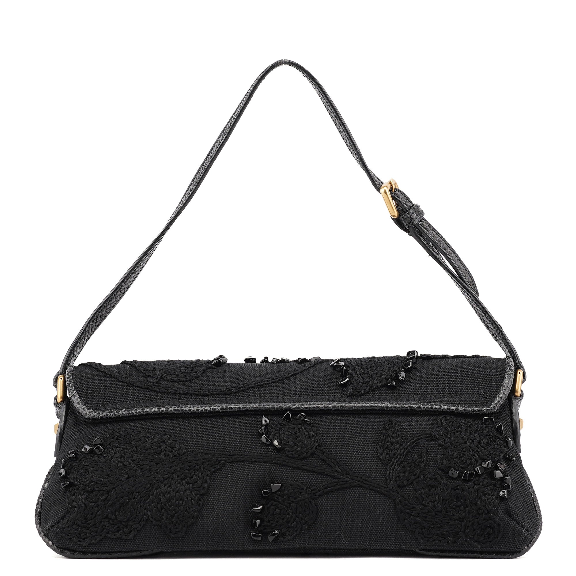 Gucci 123247 Black Canvas Lizard Bamboo Shoulder Bag