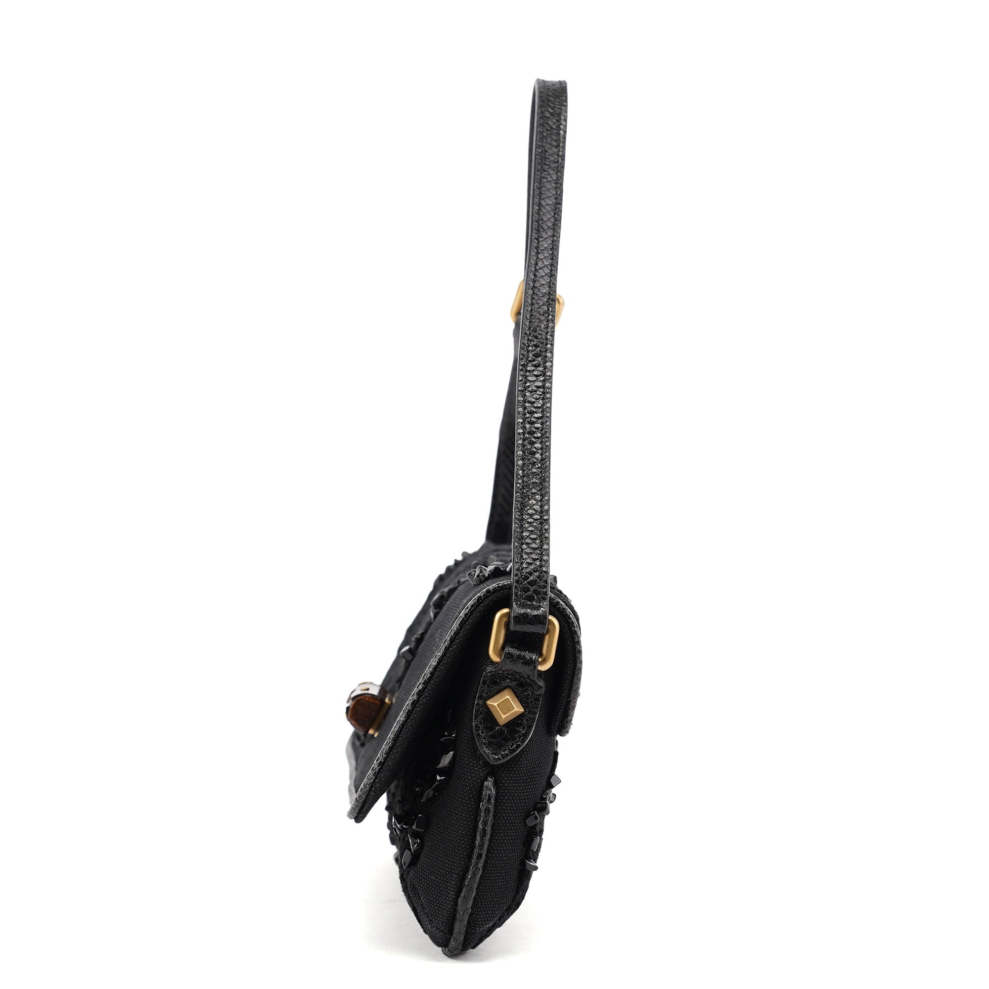 Gucci 123247 Black Canvas Lizard Bamboo Shoulder Bag