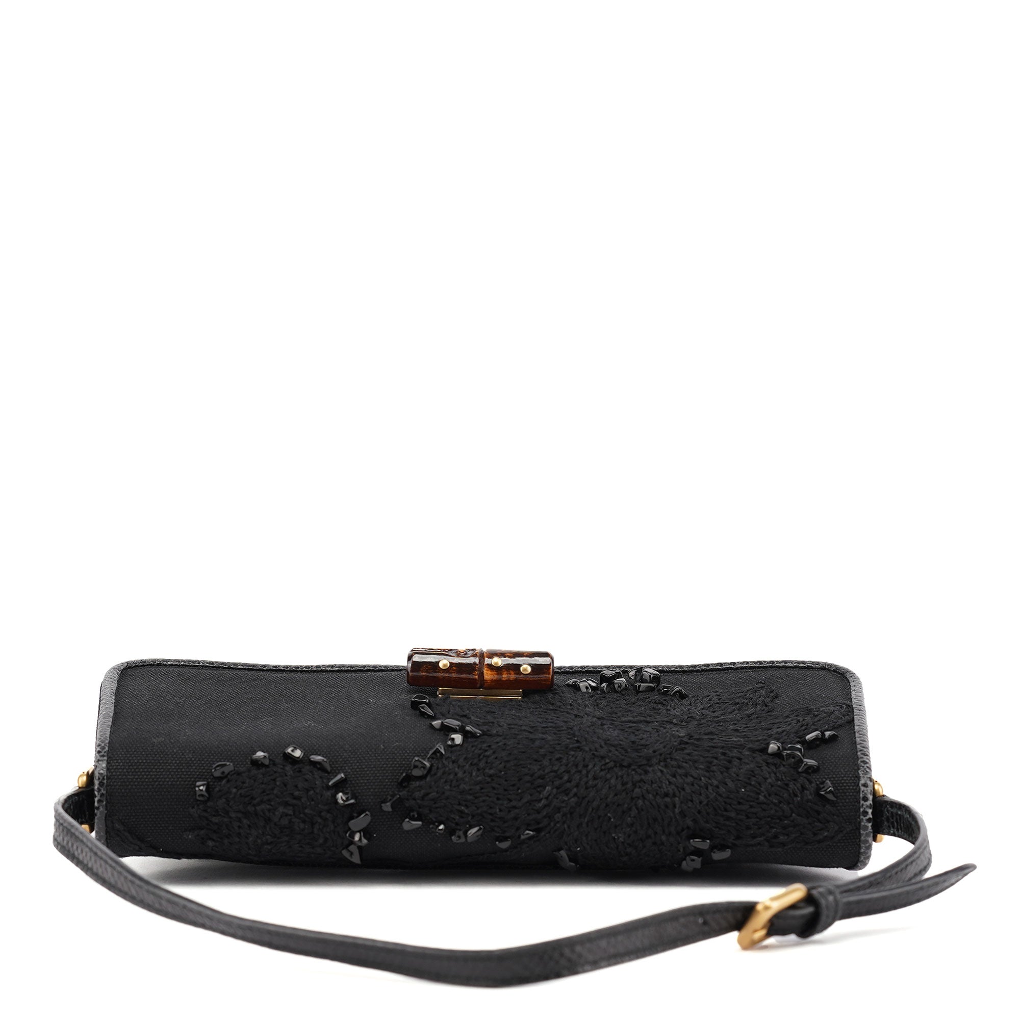 Gucci 123247 Black Canvas Lizard Bamboo Shoulder Bag