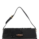 Gucci 123247 Black Canvas Lizard Bamboo Shoulder Bag