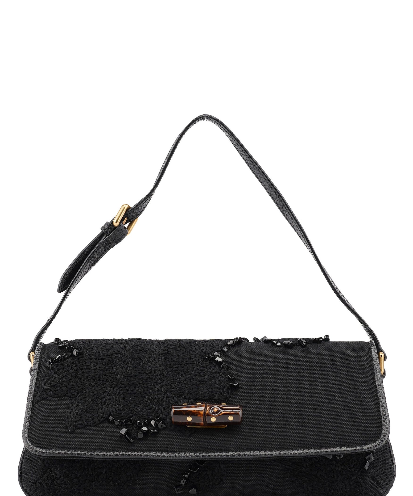 Gucci 123247 Black Canvas Lizard Bamboo Shoulder Bag