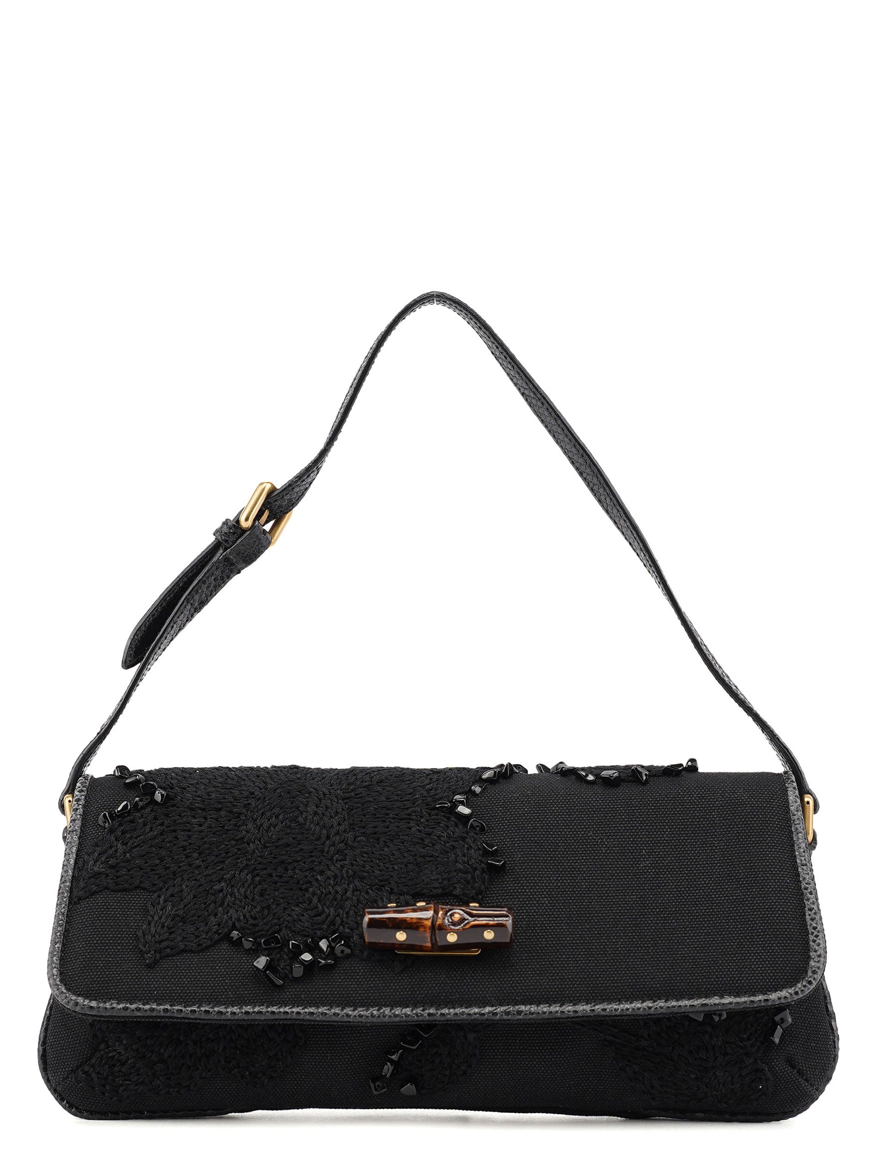 Gucci 123247 Black Canvas Lizard Bamboo Shoulder Bag