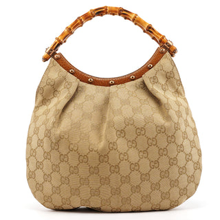 Gucci 124297 Beige GG Canvas Bamboo Shoulder Bag