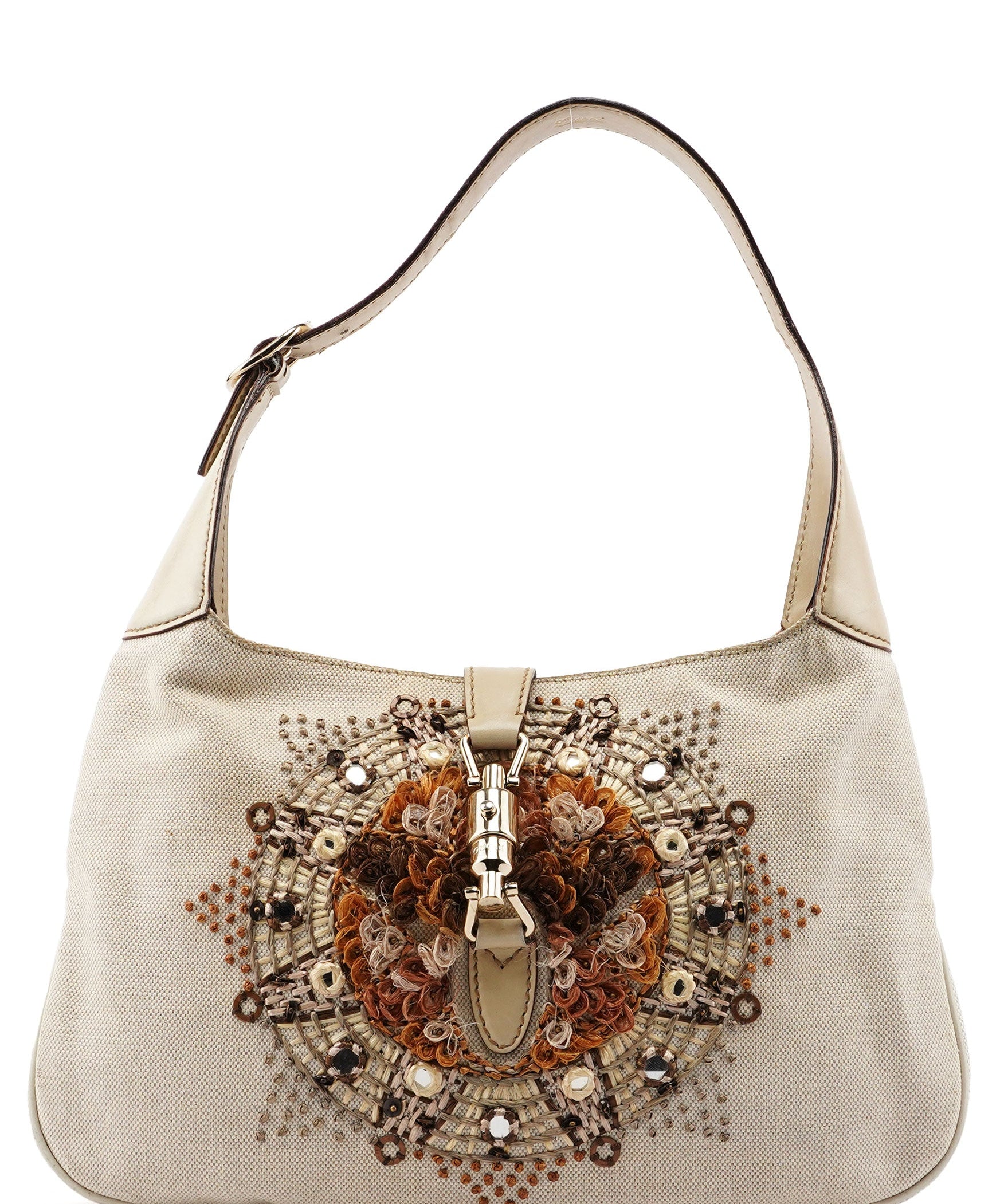 Gucci 140040 Beige Canvas Sequin Jackie Shoulder Bag