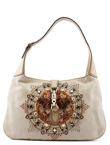 Gucci 140040 Beige Canvas Sequin Jackie Shoulder Bag