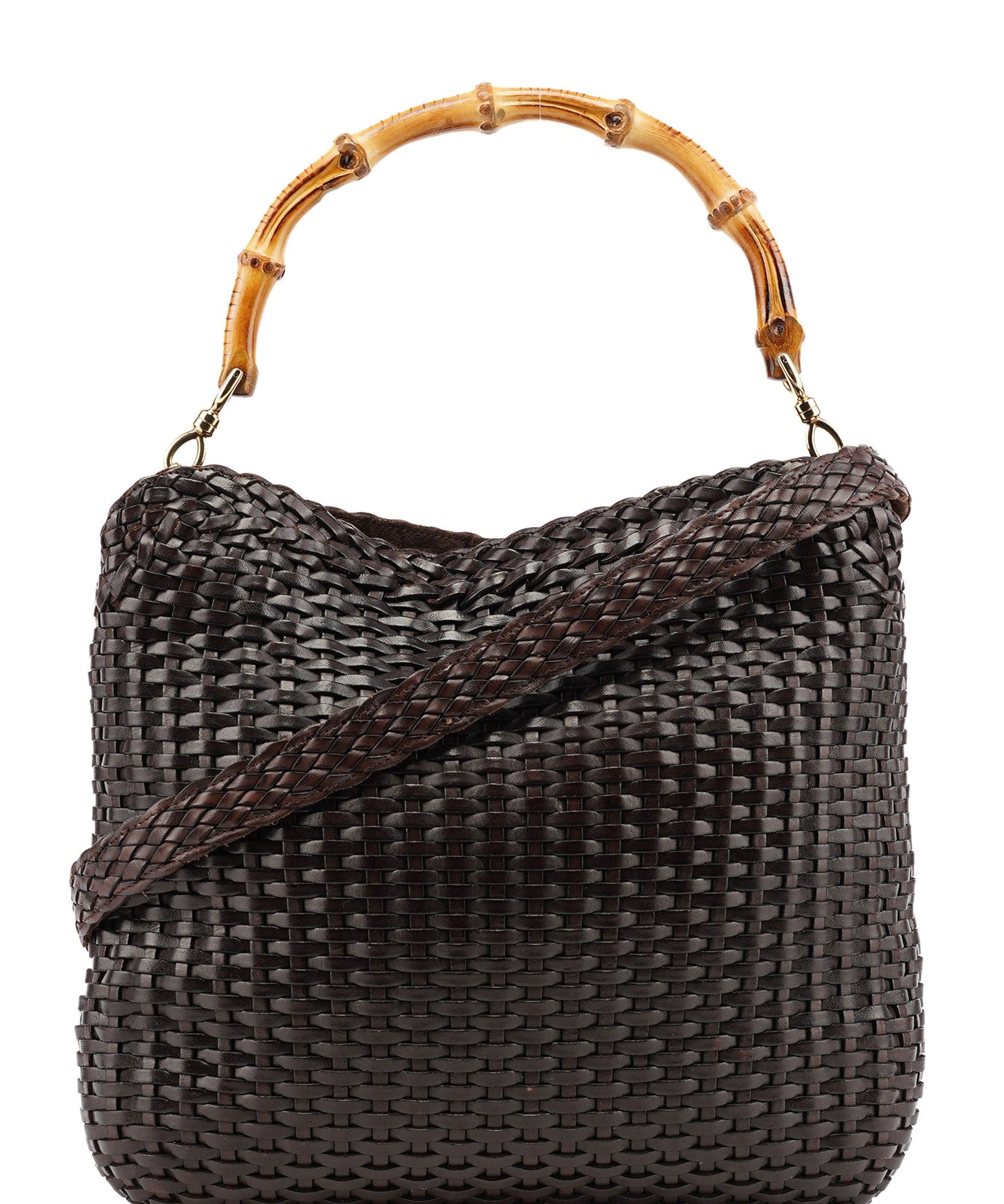 Gucci 1996 Brown Woven Bamboo 2-Way Shoulder Bag