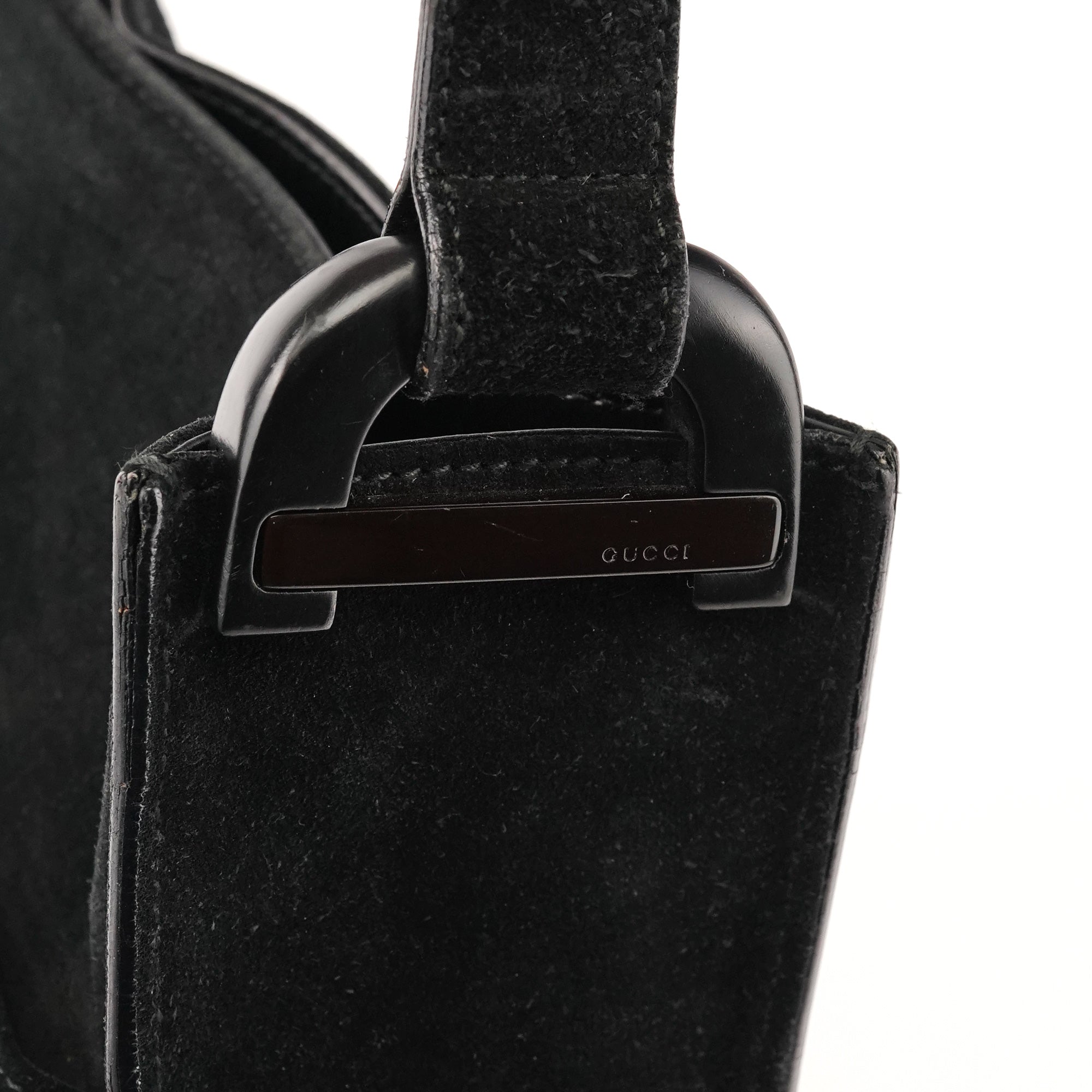 Gucci 1997 Borsa a spalla in camoscio antracite con finiture in resina