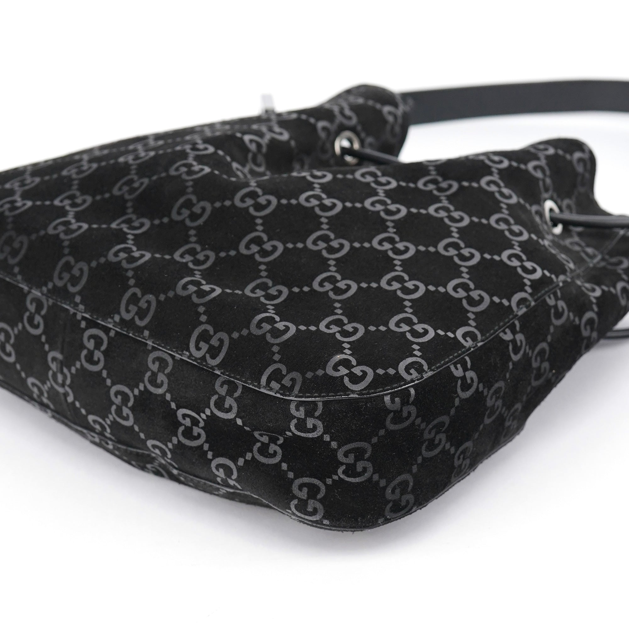Gucci 1997 Black GG Suede Drawstring Shoulder Bag