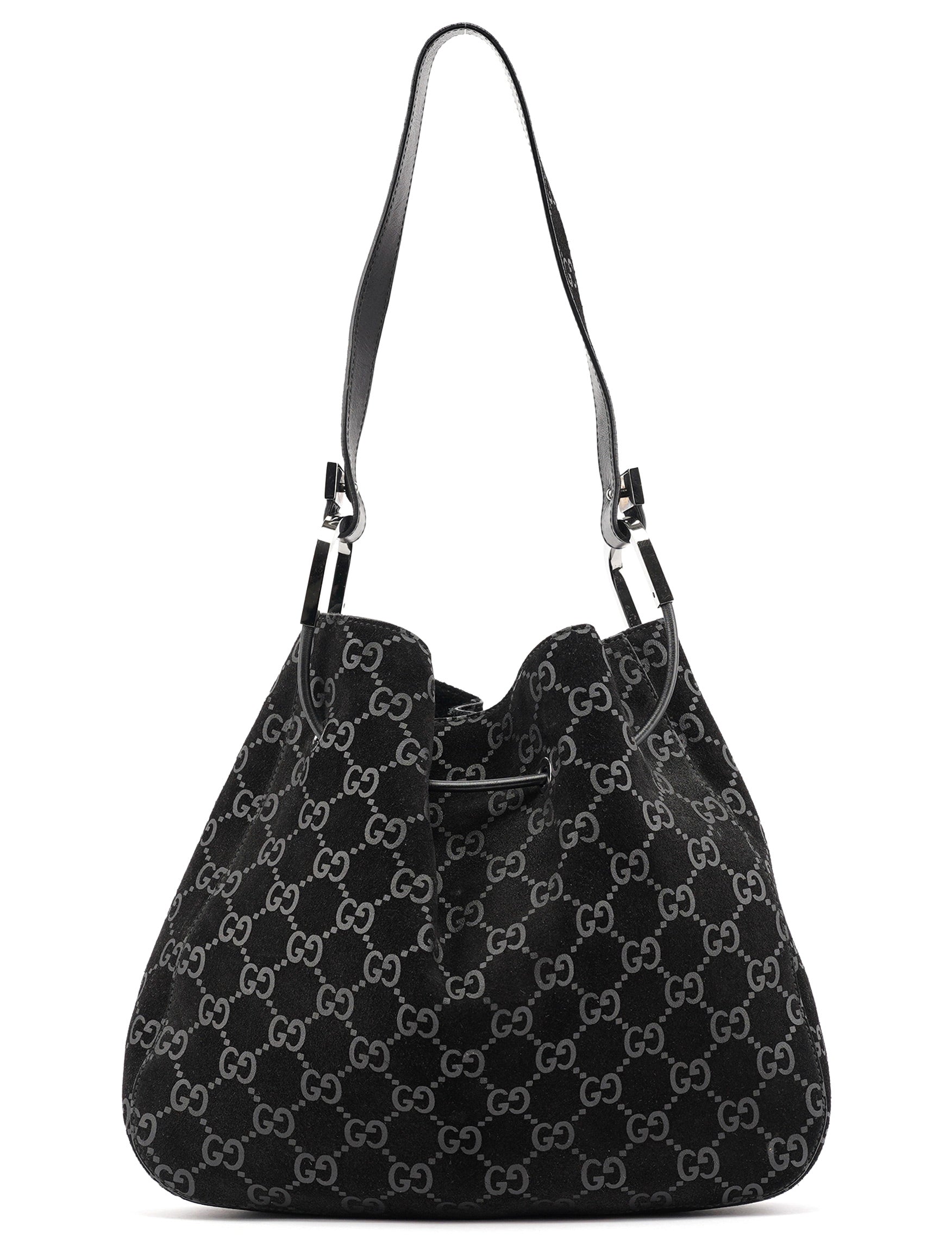 Gucci 1997 Black GG Suede Drawstring Shoulder Bag
