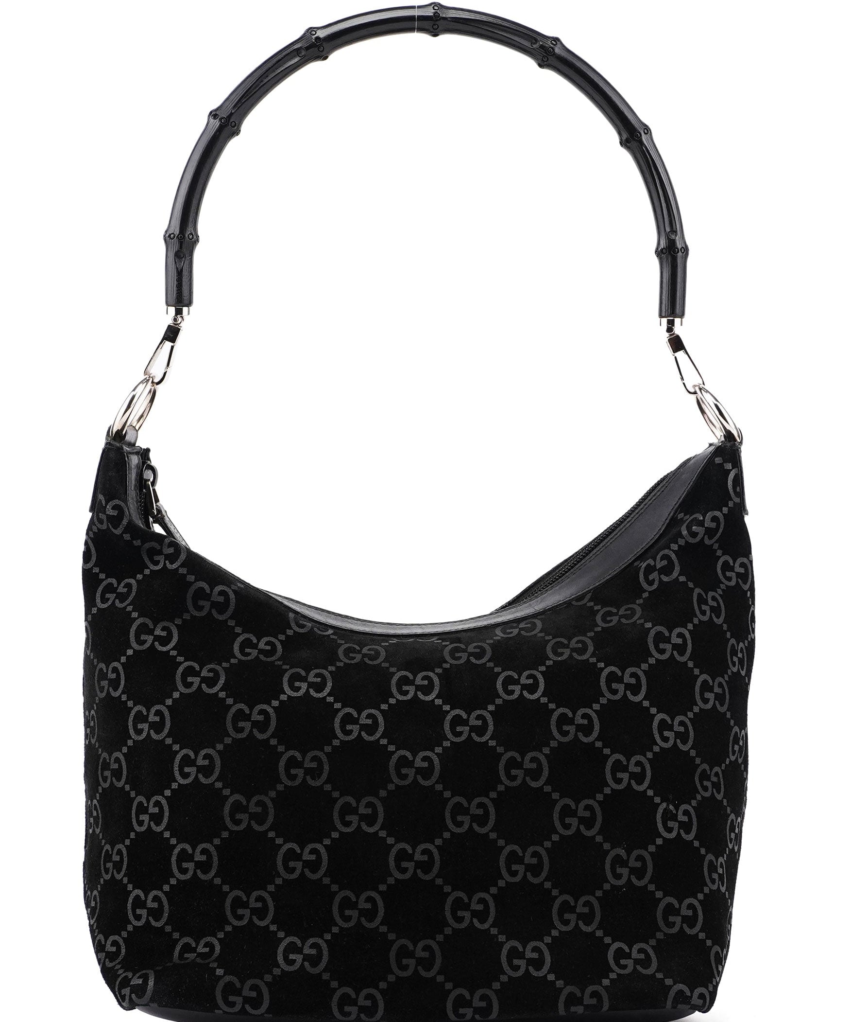 Gucci 1997 Black Suede GG Bamboo Shoulder Bag