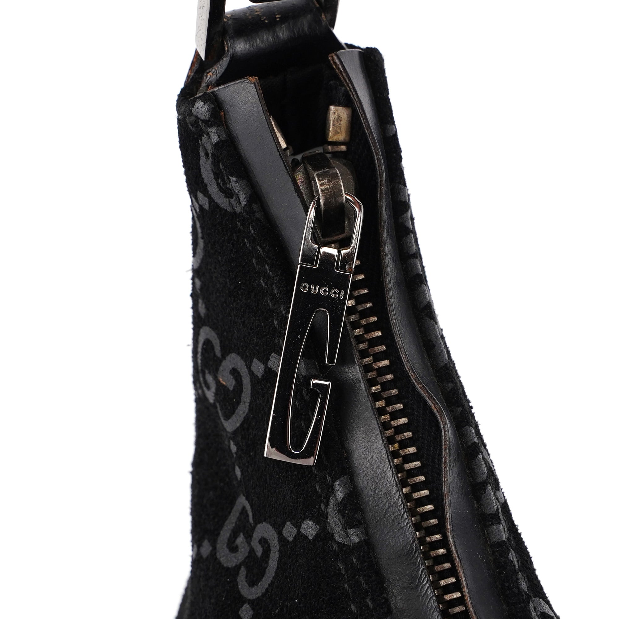 Gucci 1997 Black Suede GG Hobo Shoulder Bag