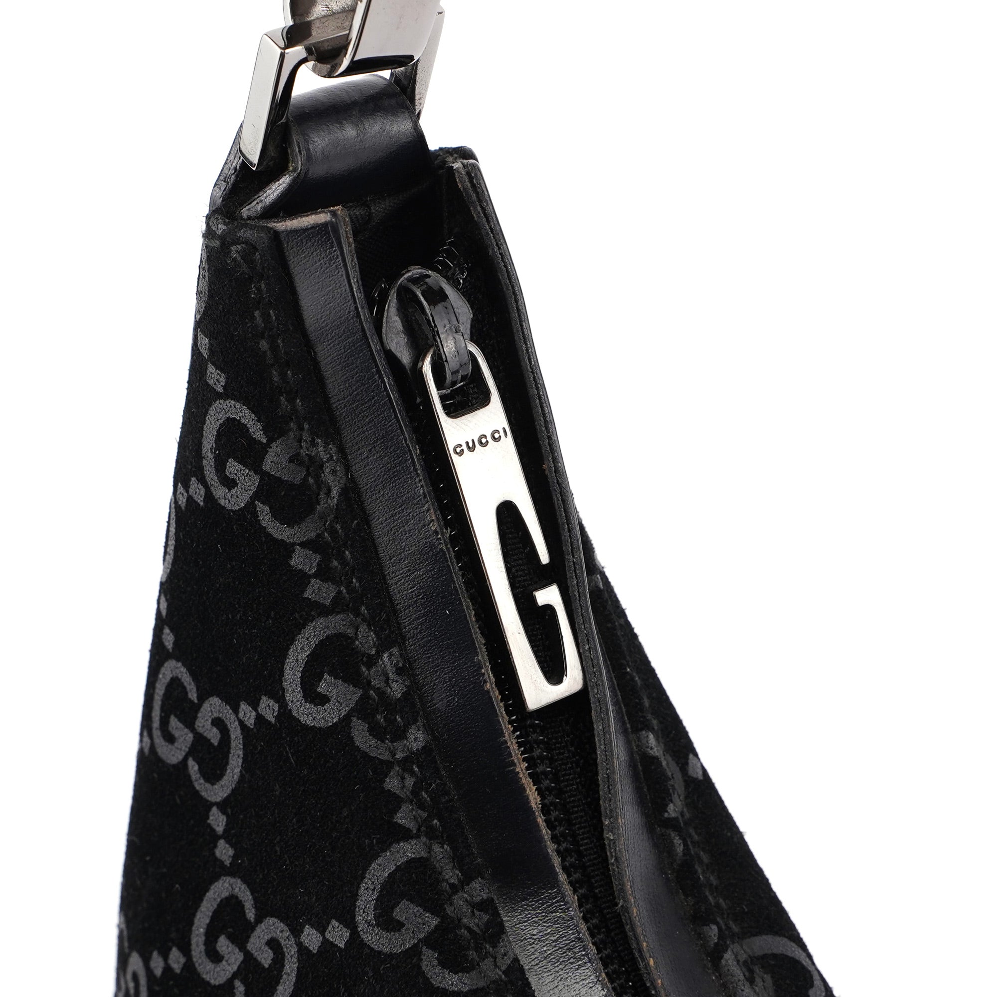 Gucci 1997 Black Suede GG Hobo Shoulder Bag