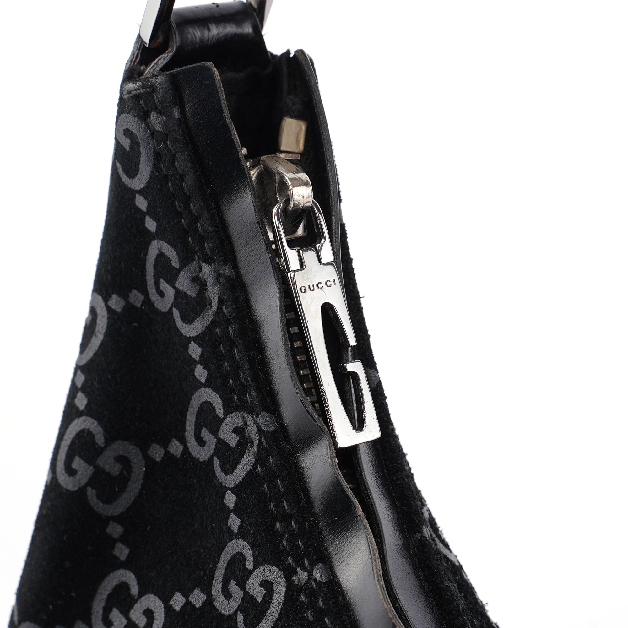 Gucci 1997 Black Suede GG Shoulder Bag